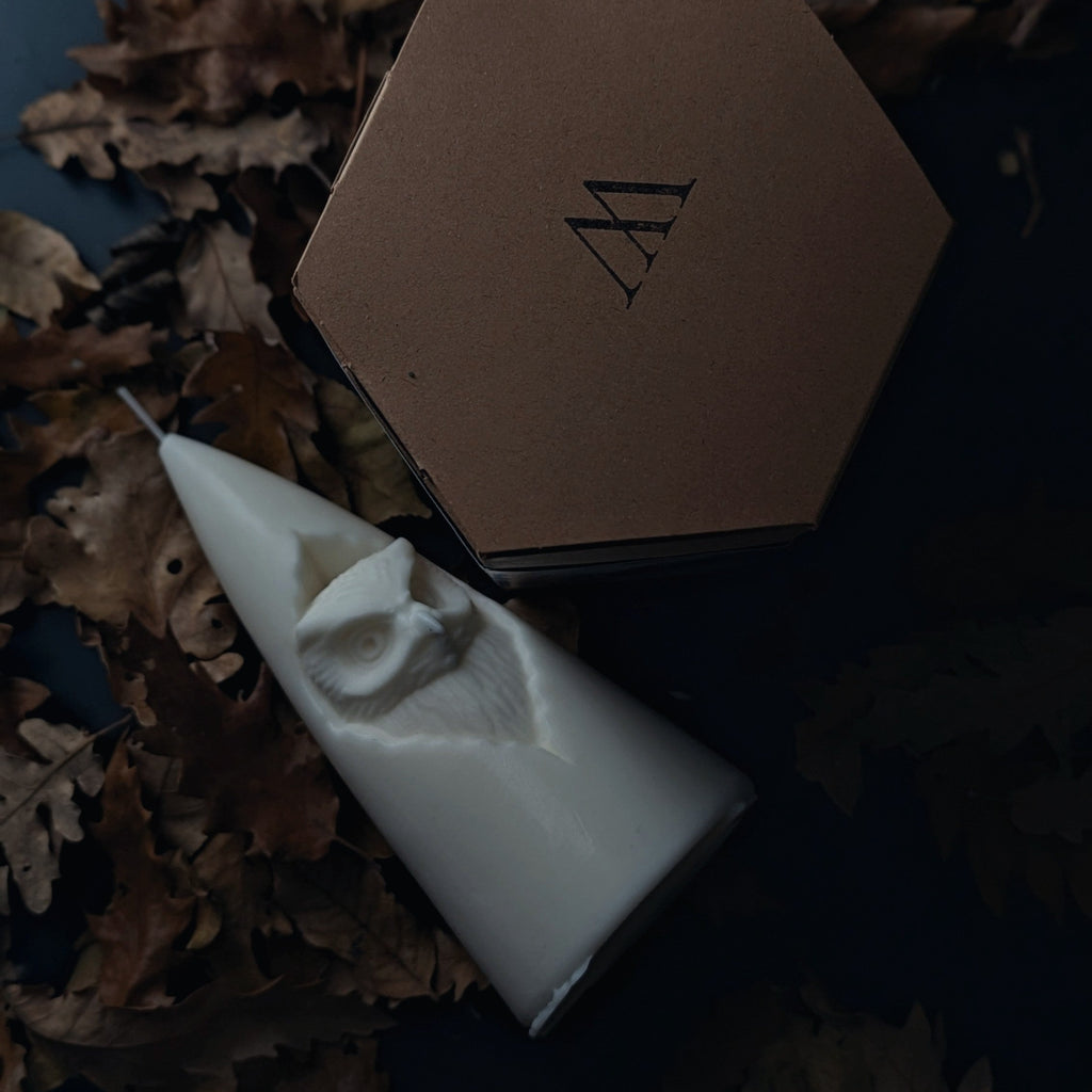 Sculptural candle owl shaped and hexagonal box on a dark surface with leaves
